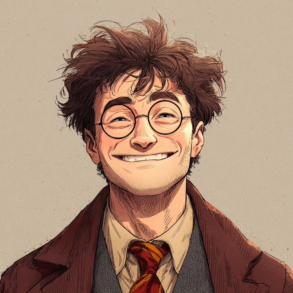 Cartoon-style profile avatar of a smiling Harry Potter wearing glasses, a tie, and a brown coat, inspired by the Harry Potter movie series.