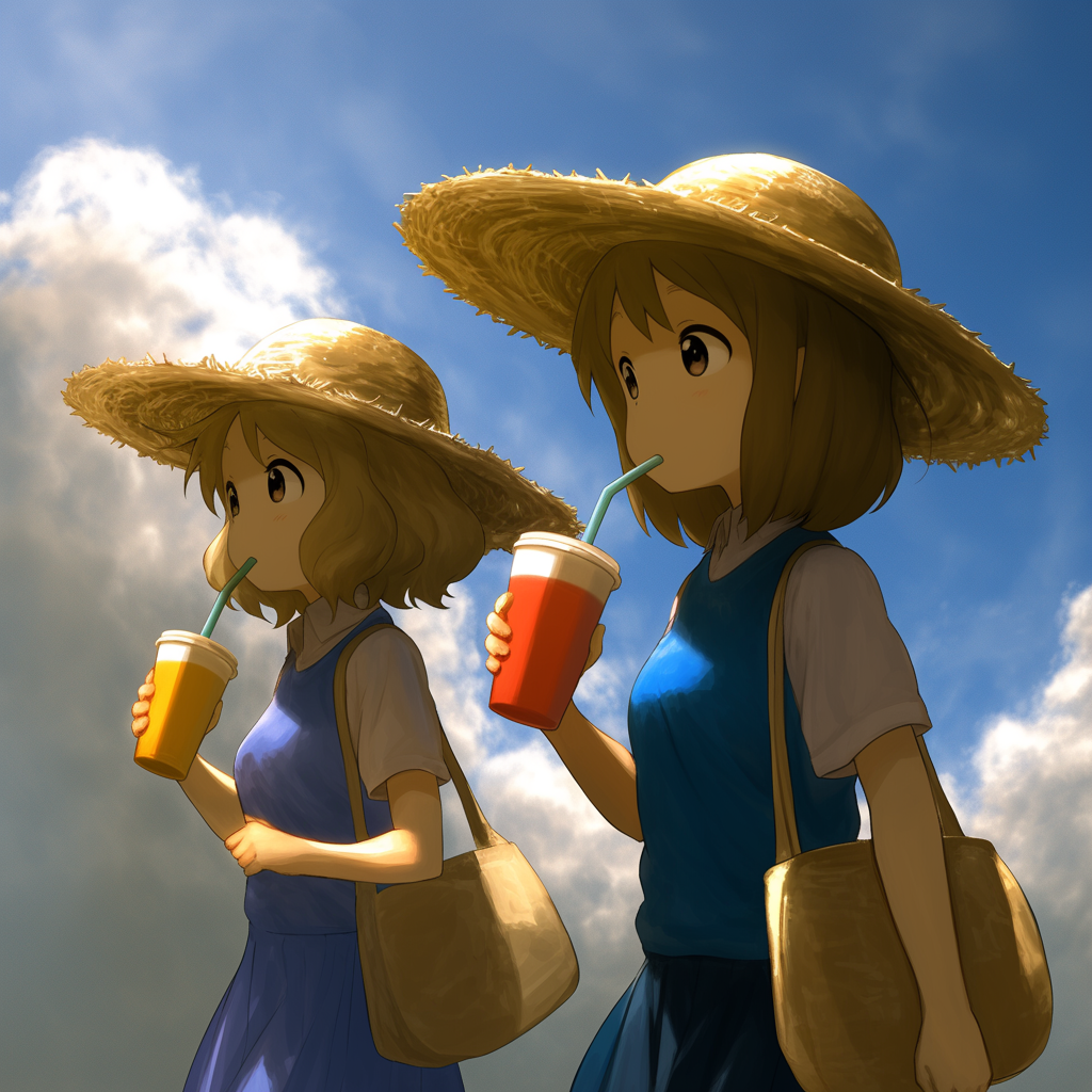 Anime-style twins wearing straw hats and blue dresses, each sipping a drink with a straw against a bright sky, depicted as a matching forum avatar or profile picture.