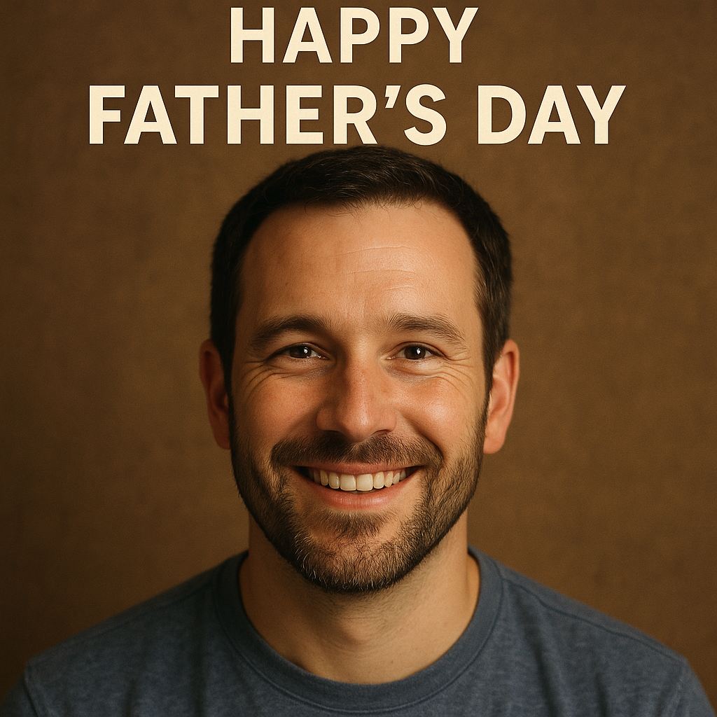 Smiling man with short dark hair and beard against a brown background with Happy Father's Day text above, used as a forum avatar for Father's Day.