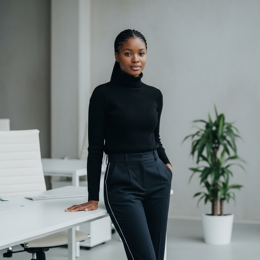 Confident office worker wearing a black turtleneck and pants, standing beside a white desk in a modern workspace, used as a forum avatar.