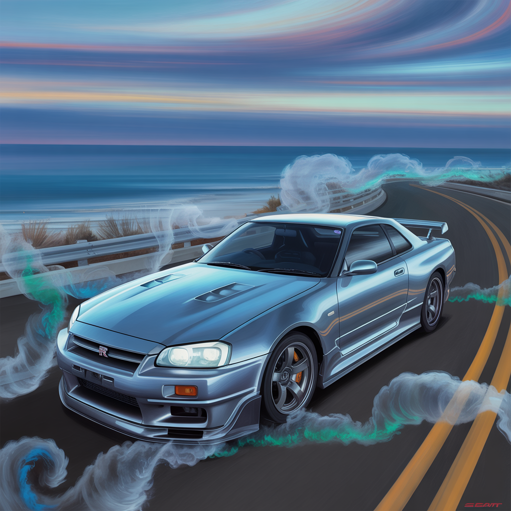 Illustration of a silver Nissan sports car drifting on a coastal road with smoke swirling around, used as a forum avatar/profile photo.