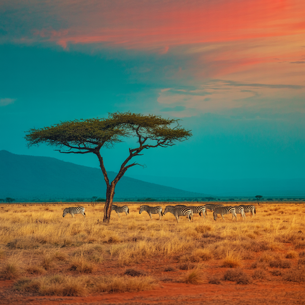 Forum avatar featuring a savanna scene with zebras grazing under a solitary acacia tree against a vibrant sunset sky.