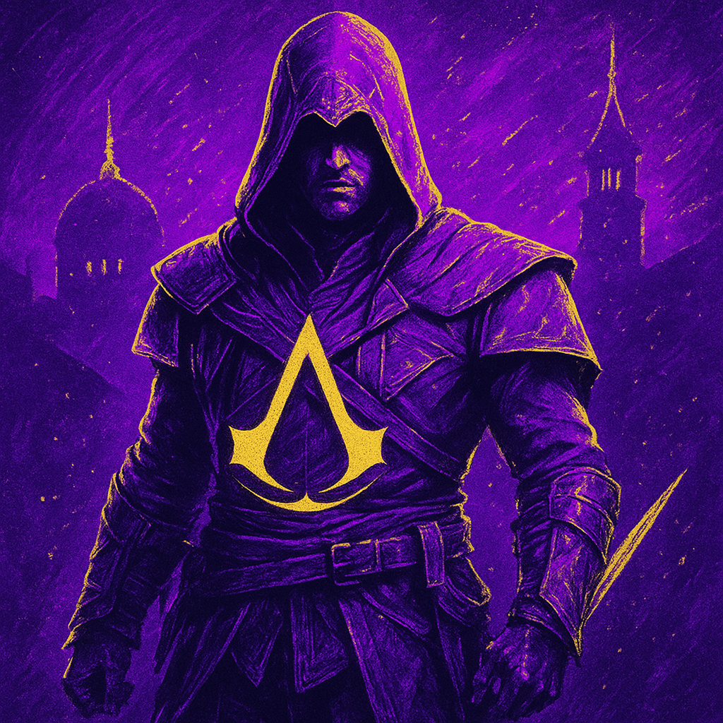 Forum avatar featuring a hooded Assassin's Creed character in dark purple tones with a glowing yellow Assassin emblem on the chest and a cityscape background.