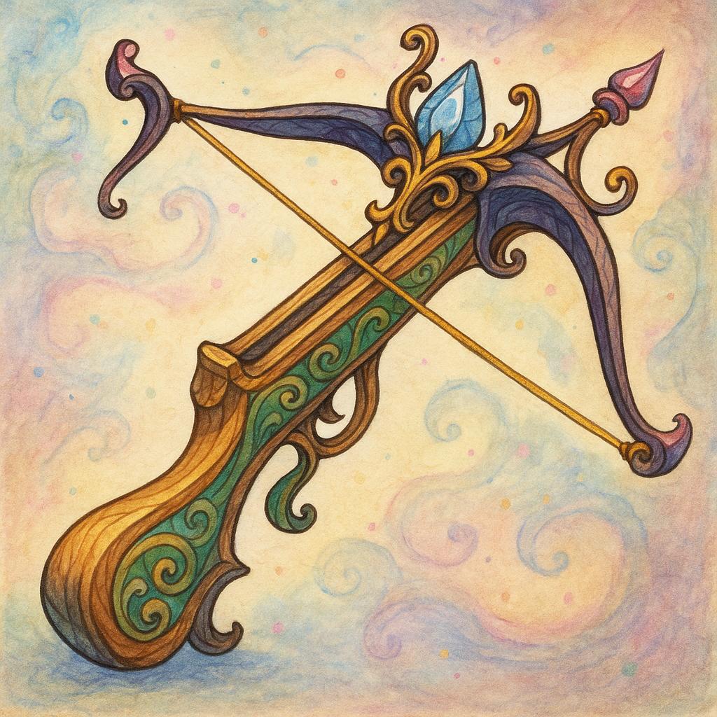 A stylized, ornate crossbow with intricate designs and a gem, featured as a colorful forum avatar image.