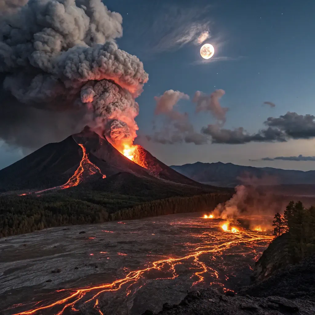 Forum avatar featuring a dramatic volcanic eruption with glowing lava flows under a moonlit sky.