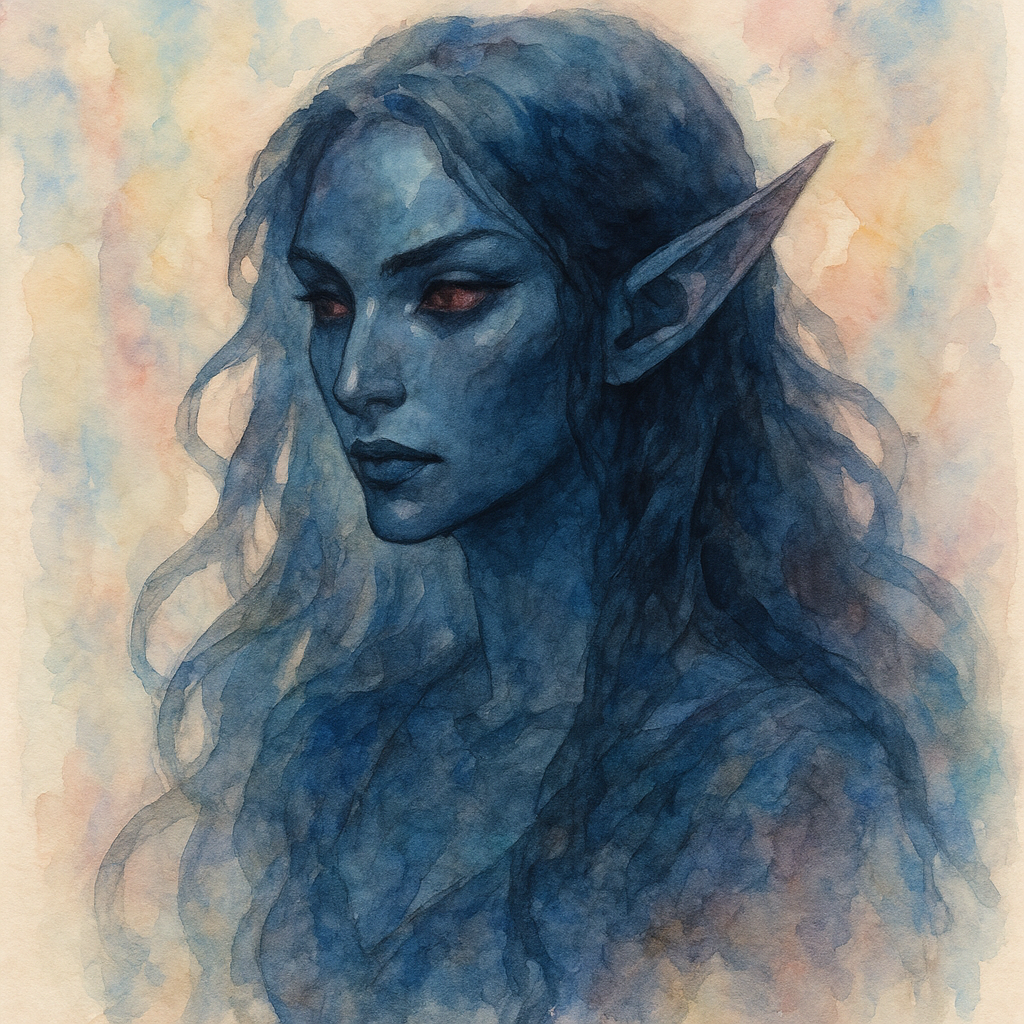 Portrait of a blue-skinned dark elf with red eyes and long wavy hair, depicted in a soft, painterly style as a forum avatar.