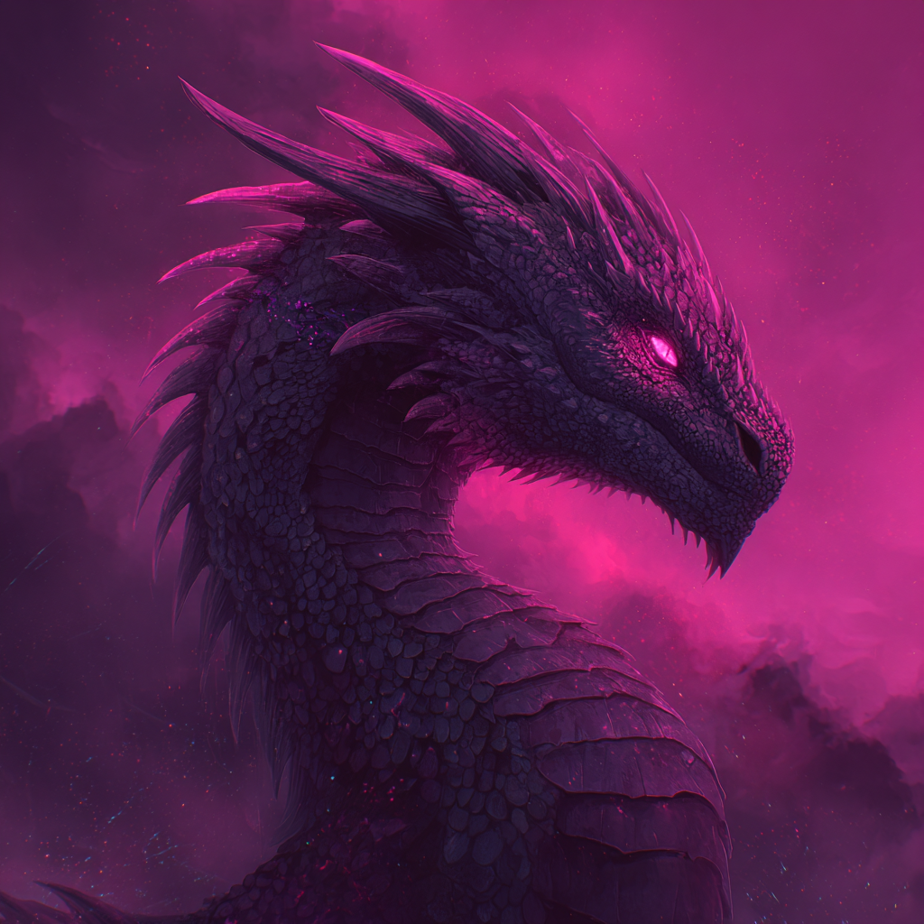 Fantasy-themed dragon with glowing pink eyes and dark scales set against a vibrant pink and purple smoky background, designed as a striking forum avatar.