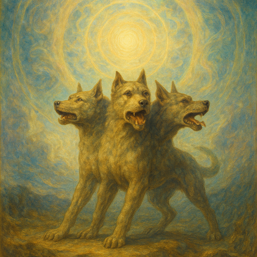 Profile avatar featuring a majestic Cerberus with three heads standing under a glowing, ethereal sky.