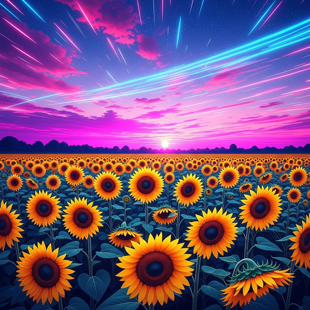 A vibrant sunflower field under a colorful pink and purple sky with glowing streaks, used as a bright and eye-catching forum avatar or profile photo.