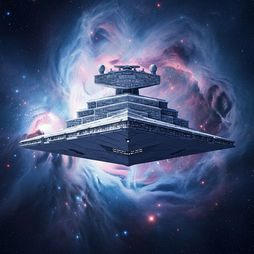 Forum avatar featuring a Star Destroyer spacecraft set against a vibrant cosmic nebula background.