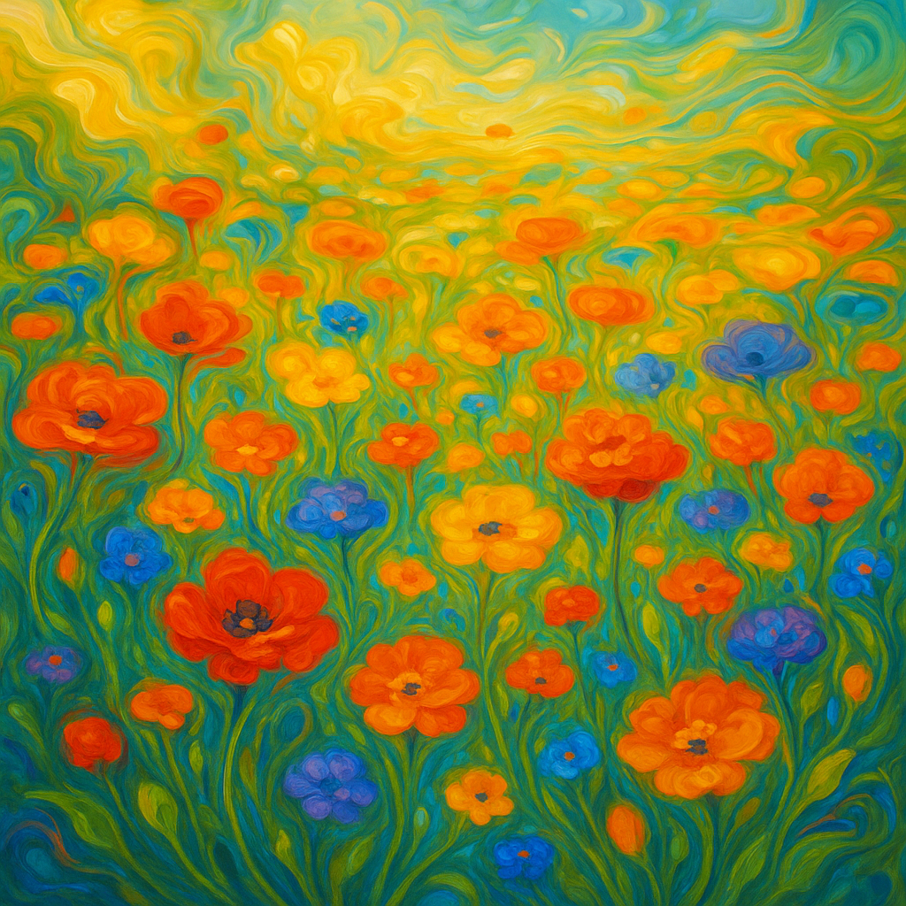Vibrant, swirling flower field in warm orange, blue, and green hues, designed as a lively and colorful forum avatar or profile photo.