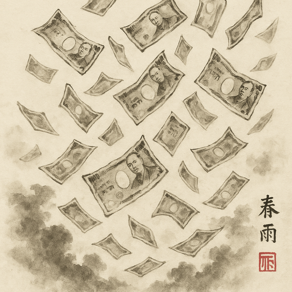 Sepia-toned illustration of money raining down, used as a forum avatar/profile photo, with stylized clouds and East Asian calligraphy in the corner.