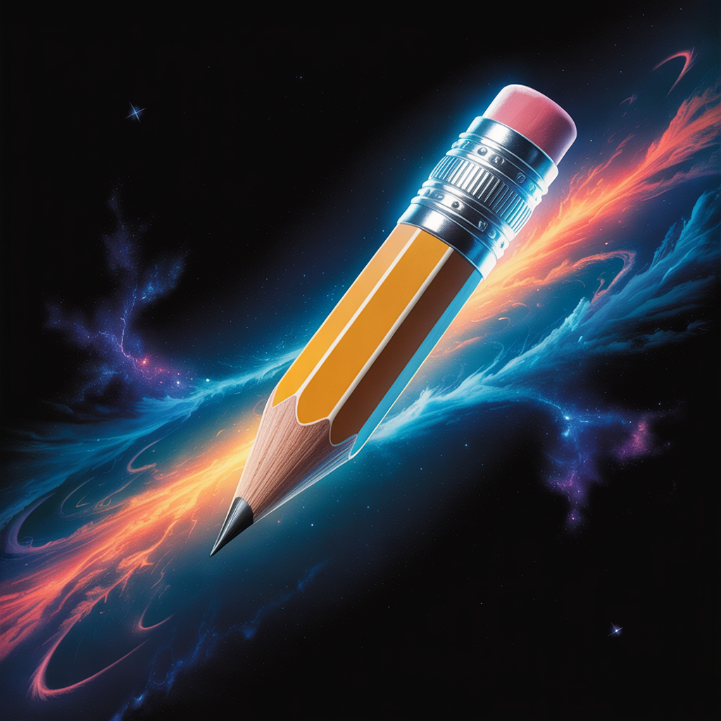 A glowing pencil with an eraser, depicted against a vibrant cosmic background, used as a forum avatar.