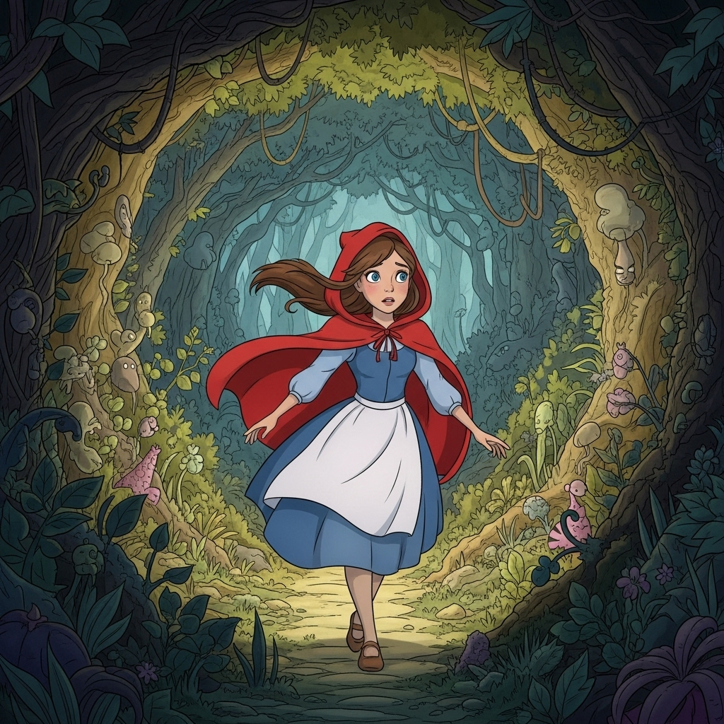 Forum avatar featuring Red Riding Hood walking cautiously through a dark, enchanted forest tunnel framed by twisted branches and glowing foliage.