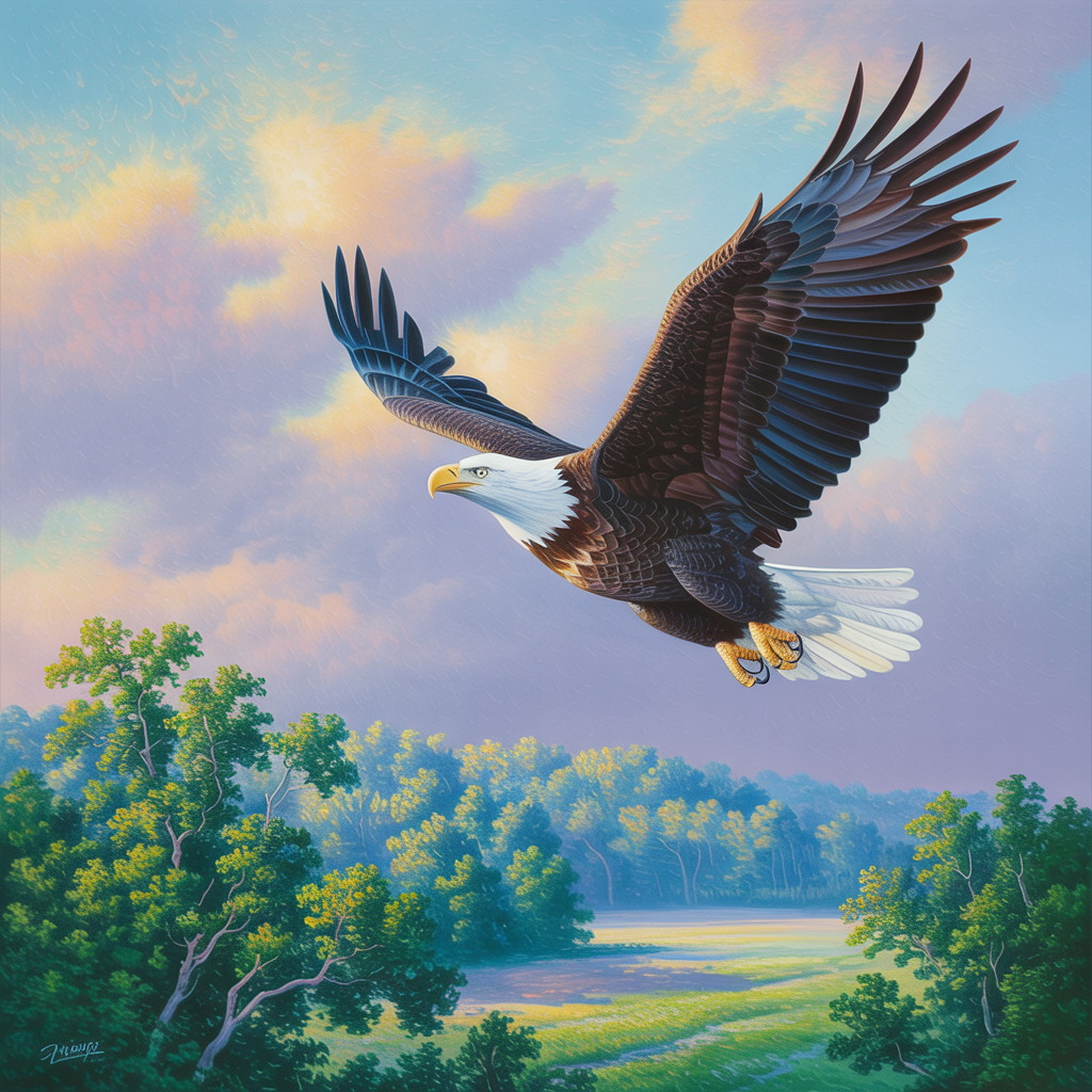 Profile photo of a bald eagle soaring over a lush green landscape under a pastel sky.