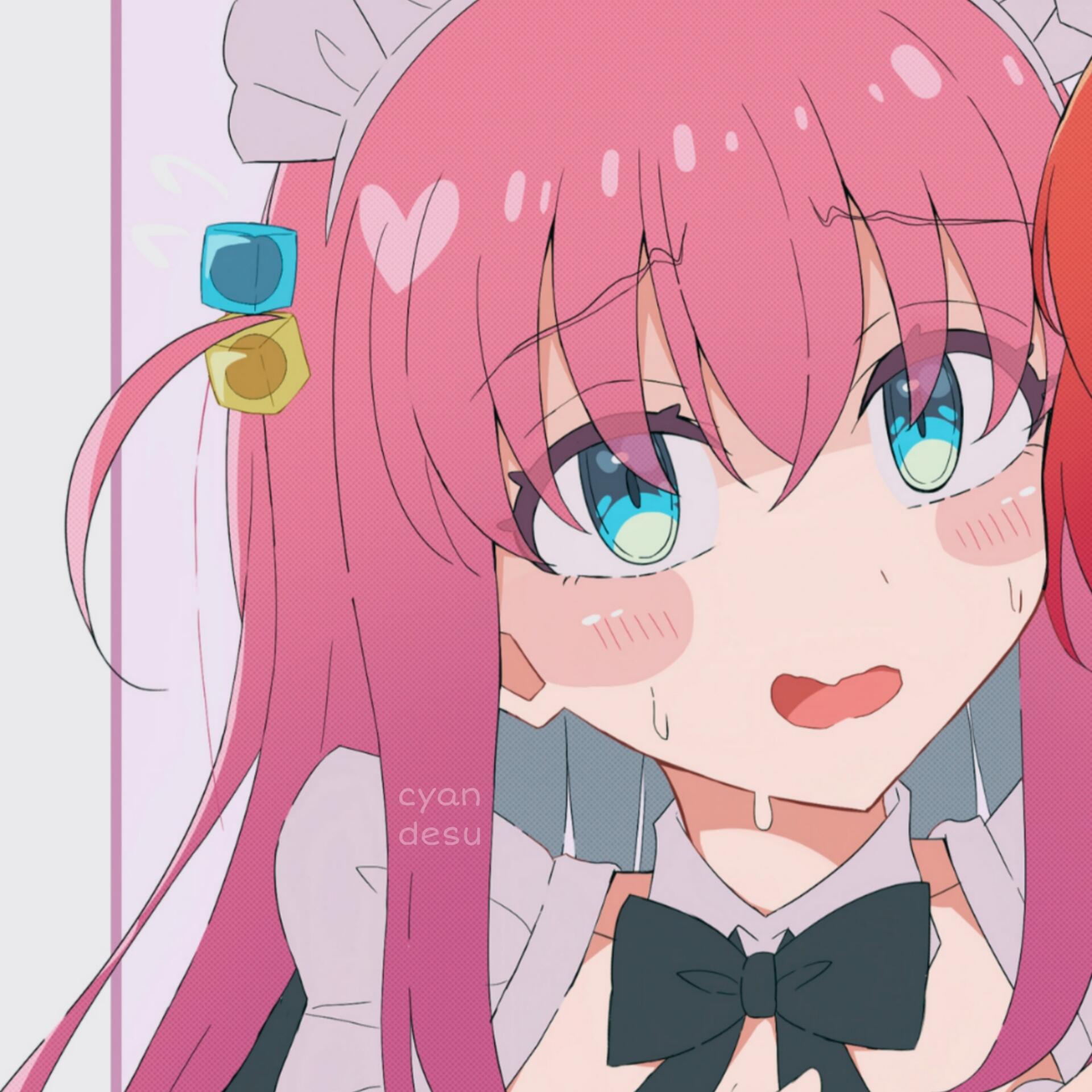 Anime-style forum avatar of Hitori Gotou from Bocchi the Rock! with pink hair, teal eyes, and a maid outfit featuring a bow tie and headpiece.