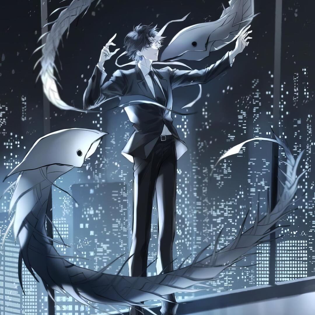 Dark anime-style avatar of Chrollo Lucilfer from Hunter x Hunter, surrounded by ethereal serpentine shapes against a cityscape at night.
