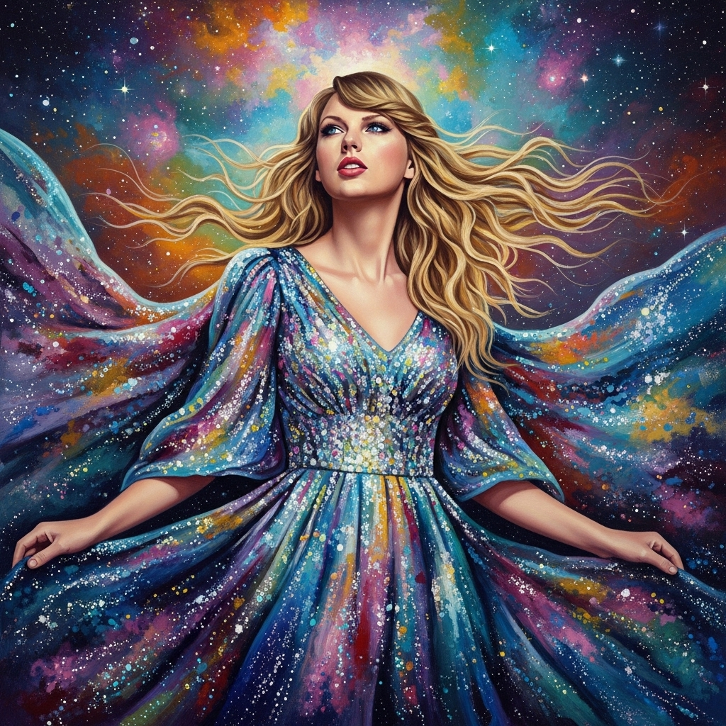 Digital artwork of Taylor Swift with flowing golden hair and a shimmering galaxy-inspired dress set against a cosmic, star-filled background, used as a forum avatar.