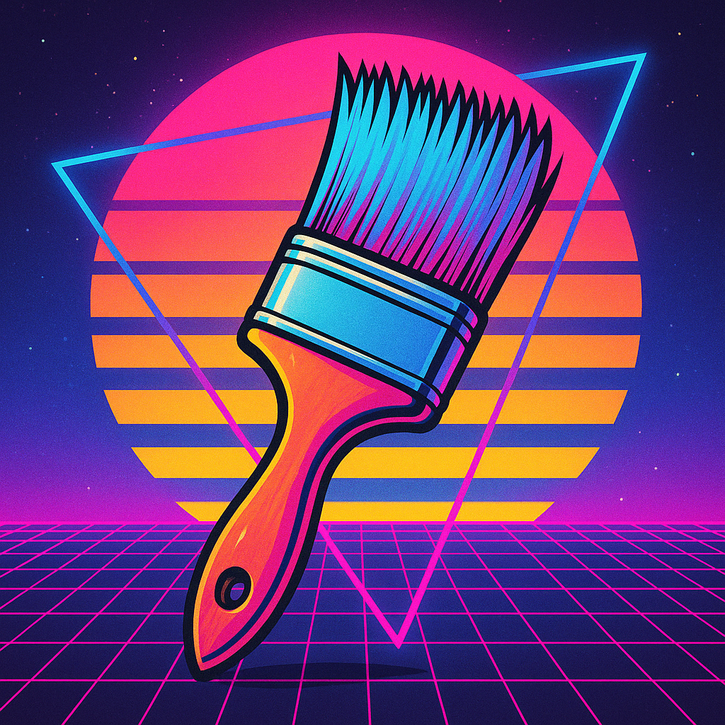Vibrant retro-style forum avatar featuring a colorful paintbrush with neon blue and pink bristles against a glowing sunset and geometric grid background.