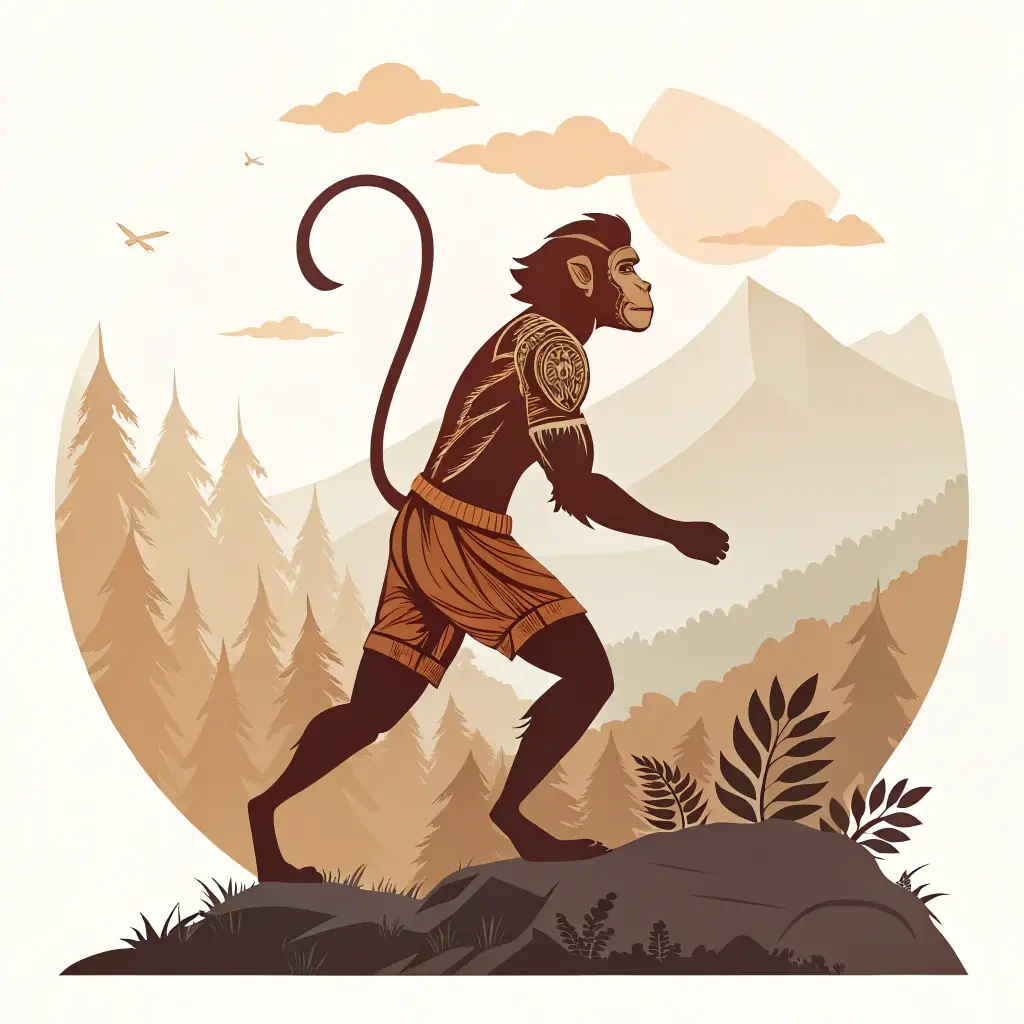 Illustration of Lord Hanuman as a forum avatar, depicted in profile walking against a serene mountain and forest backdrop in warm earthy tones.