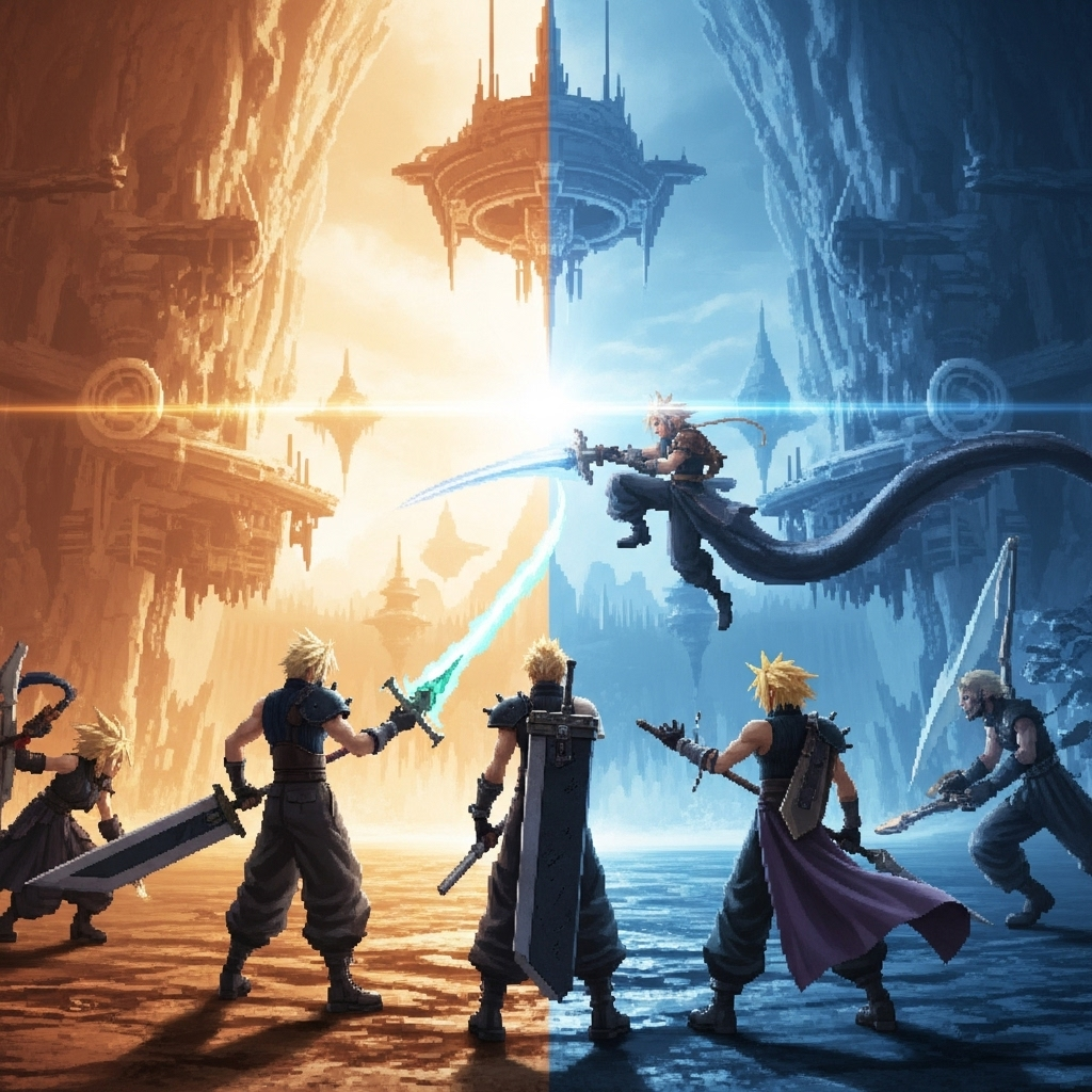 Forum avatar featuring multiple versions of Cloud Strife from Final Fantasy VII facing each other against a background split between warm golden and cool blue tones.