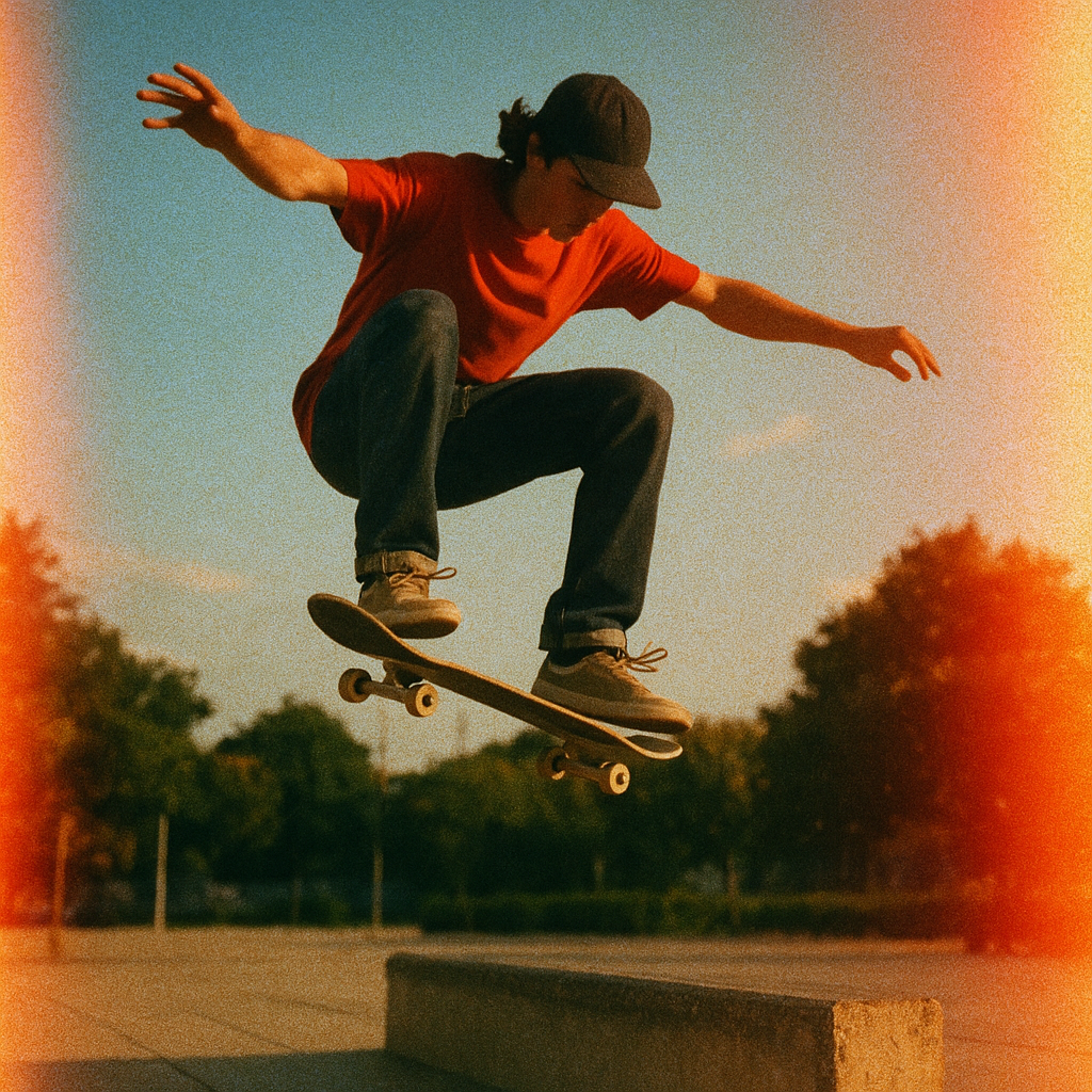 Forum avatar showing a skateboarder mid-air performing a trick against a sunset sky, wearing a red shirt and black cap.