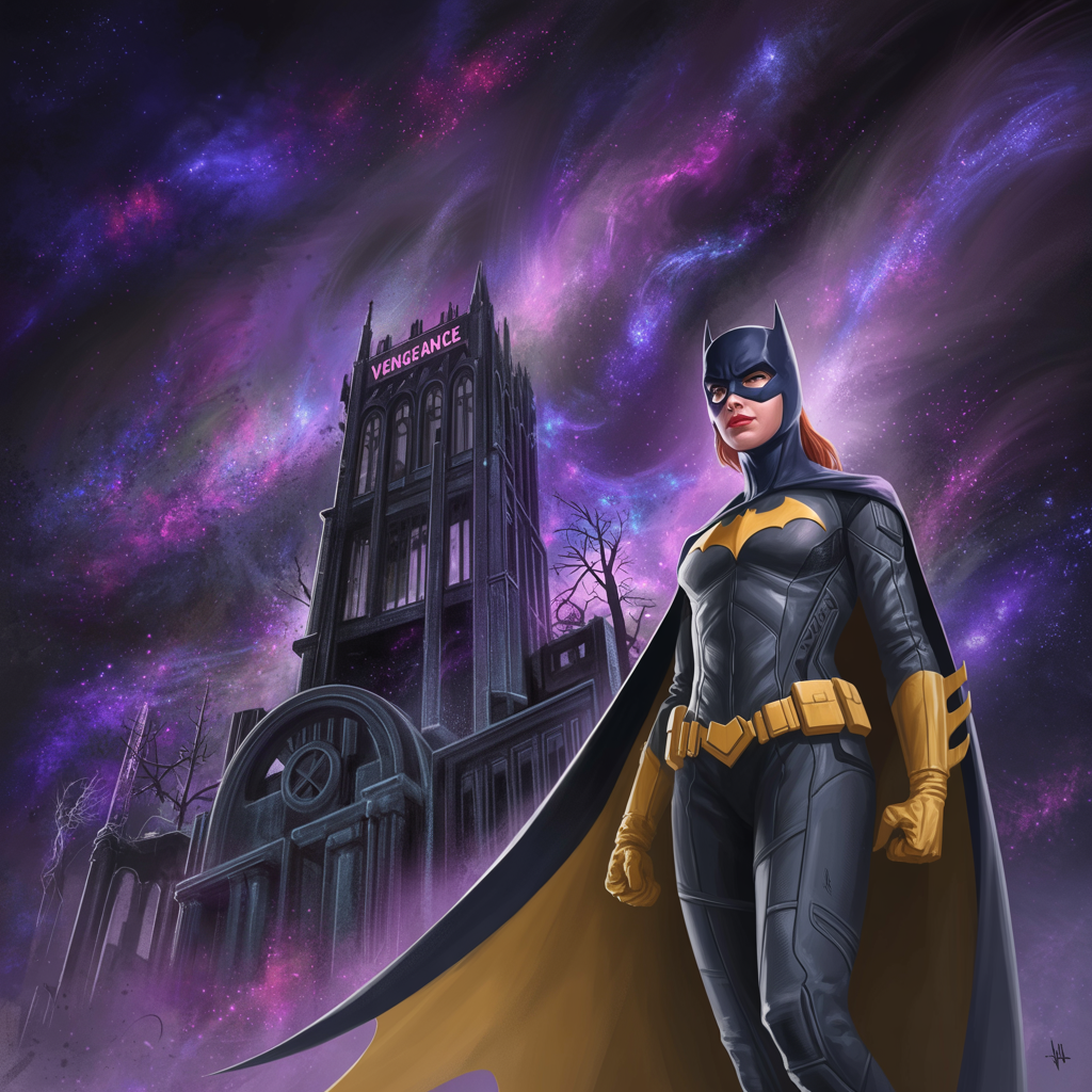 Forum avatar featuring Batgirl standing confidently in front of a dark, gothic building under a swirling purple night sky.