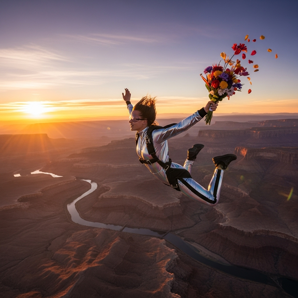 Forum avatar of a skydiver in a silver suit joyfully holding a bouquet of flowers while freefalling over a winding river at sunset.