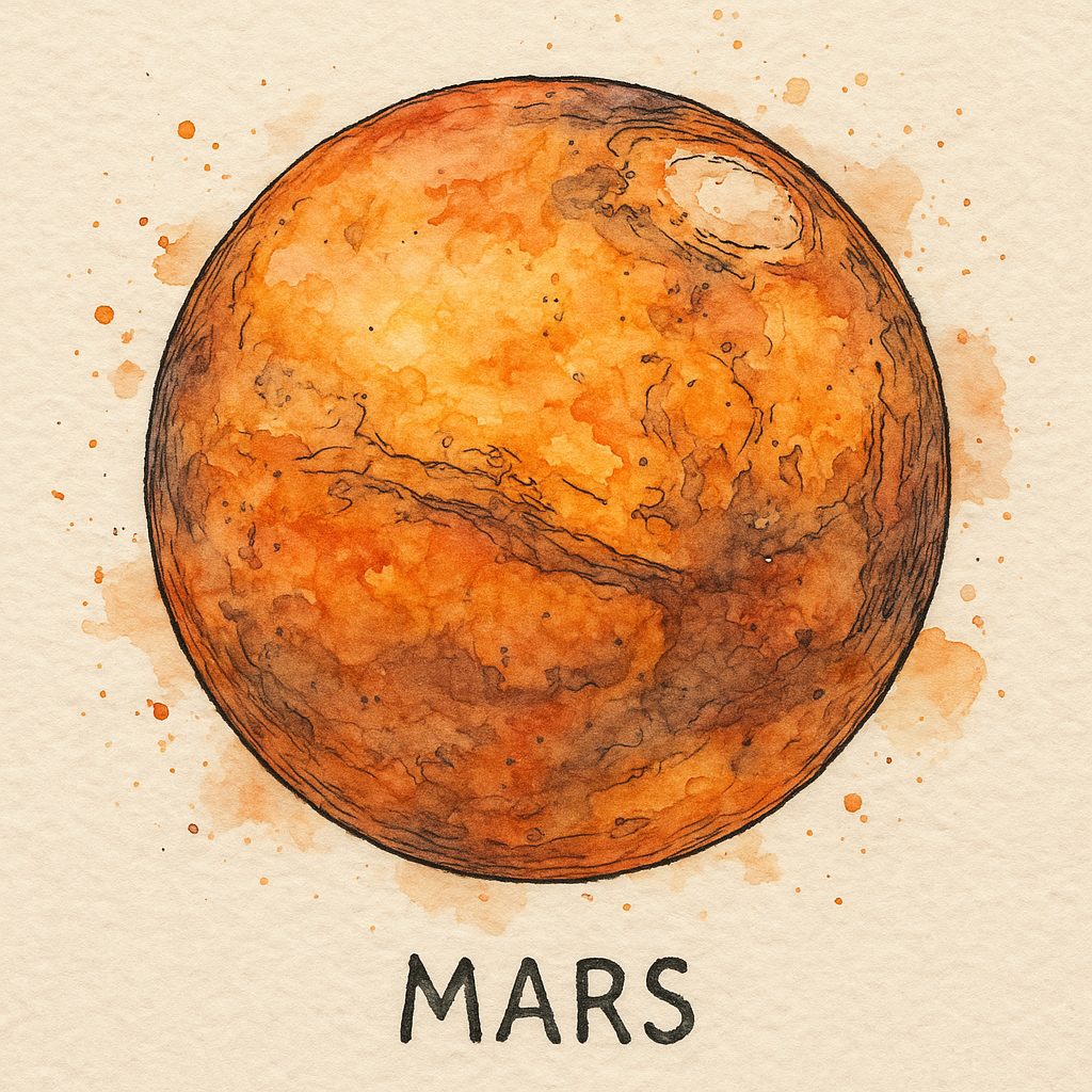 Watercolor-style illustration of Mars with detailed surface textures, labeled MARS, used as a forum avatar or profile photo.