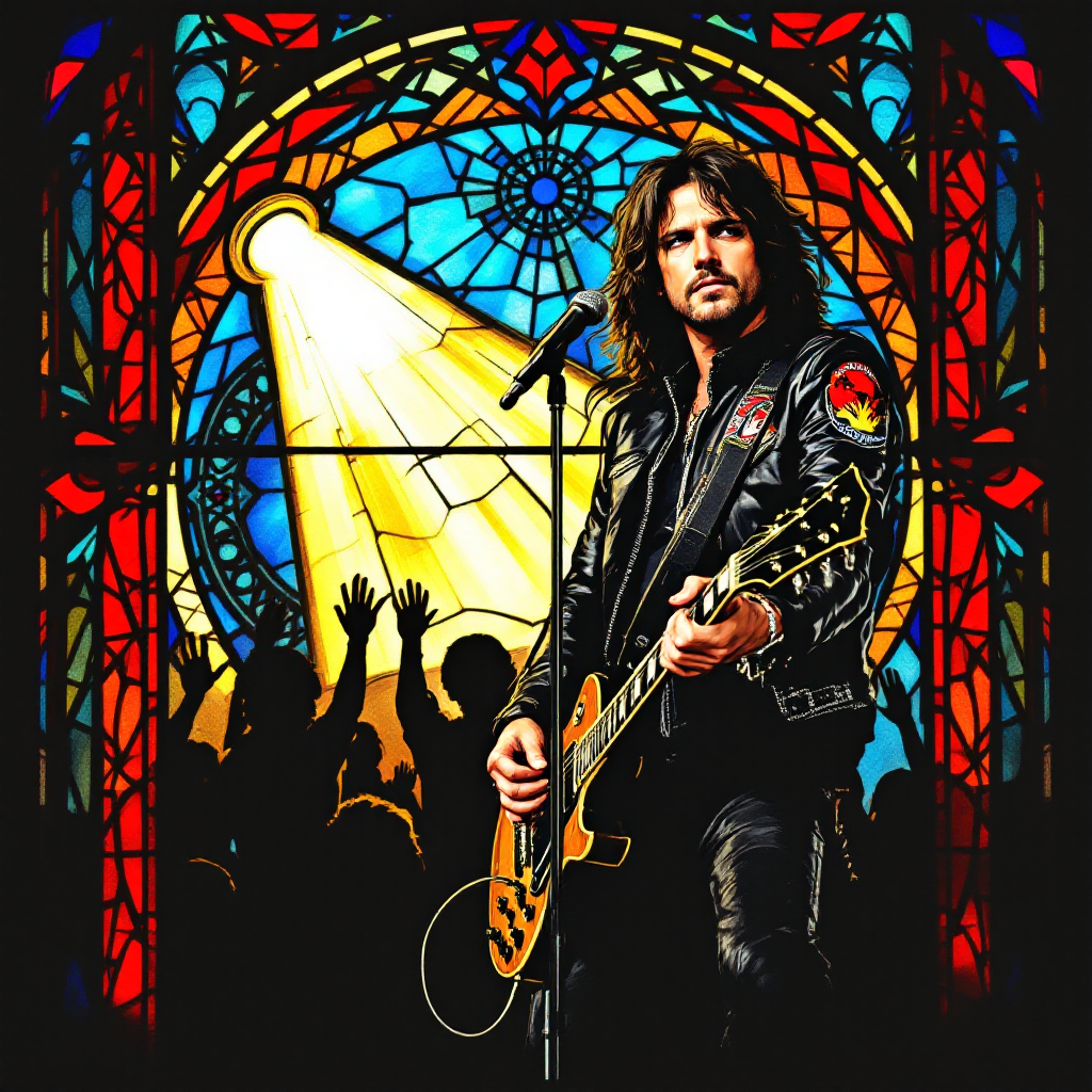 Forum avatar of a rock & roll musician playing guitar on stage, highlighted by a vibrant stained glass-style background and cheering crowd silhouettes.