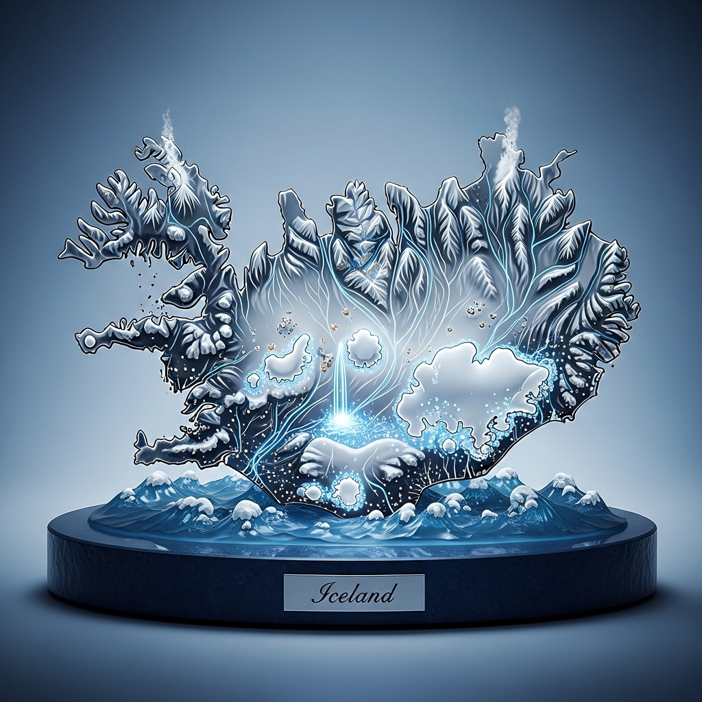 A glowing 3D model of Iceland with icy textures and a luminous centerpiece, displayed on a round stand labeled Iceland, used as a forum avatar.