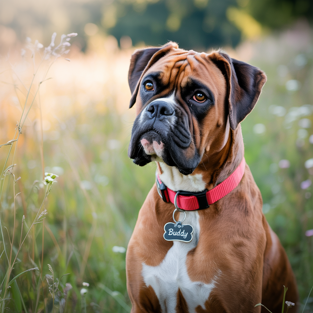 Profile photo of a Boxer dog wearing a red collar and name tag that reads Buddy, sitting attentively in a grassy outdoor setting.
