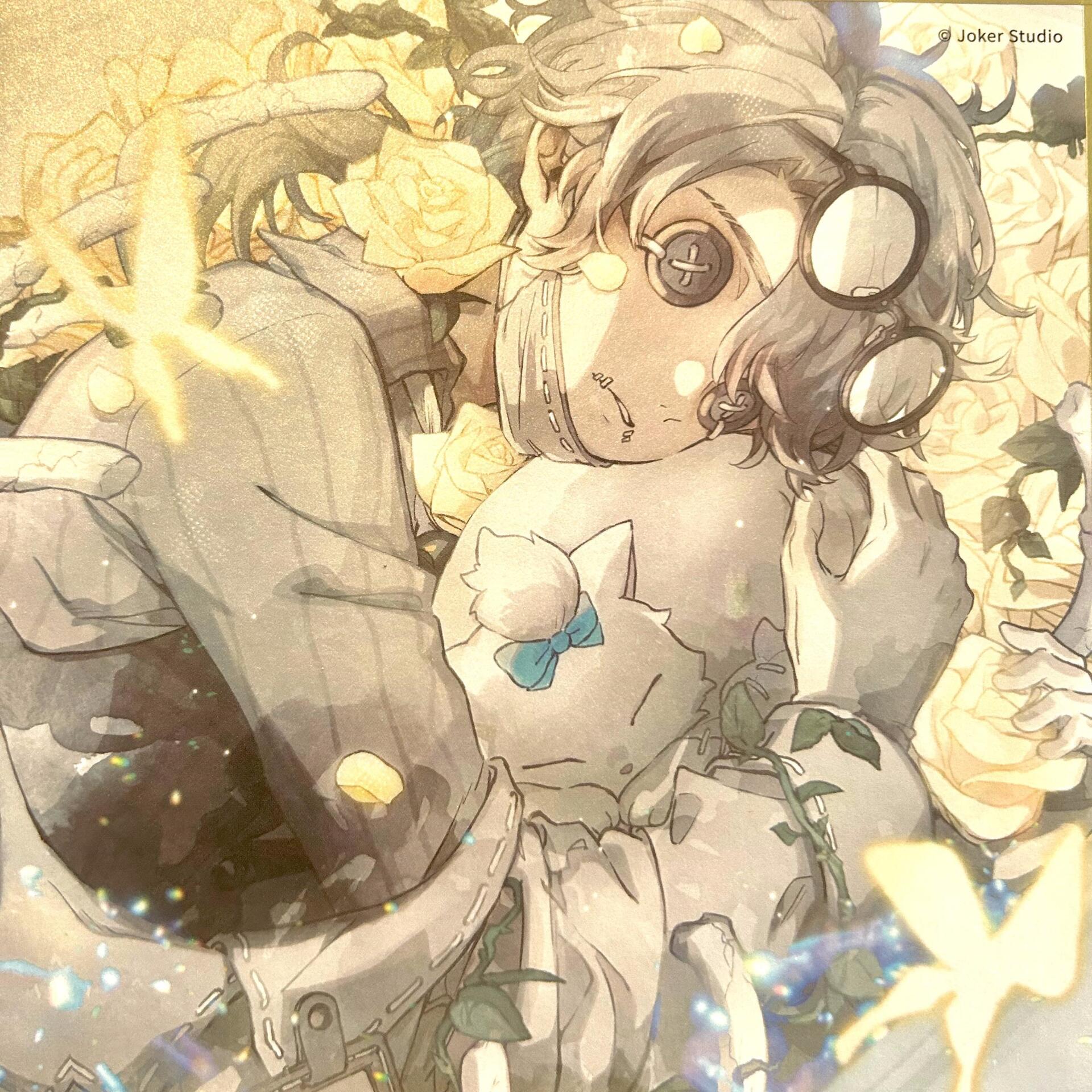Artistic forum avatar featuring a character from the video game Identity V, surrounded by glowing butterflies and yellow roses in a soft, sepia-toned palette.
