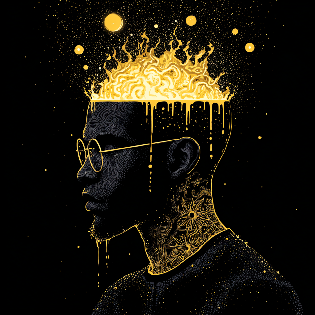 Forum avatar of a side-profile figure wearing glasses, a molten golden brain dripping upward and ornate neck tattoos — a bold visual of idea, brain and thinking.