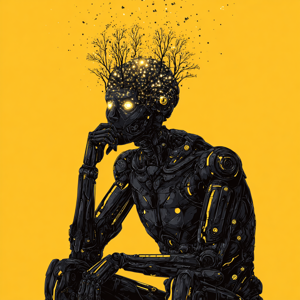 Sci-fi forum avatar/pfp of a contemplative black robot with glowing brain-like lights and branching tree-growths on its head, posed thinking against a vivid yellow background.