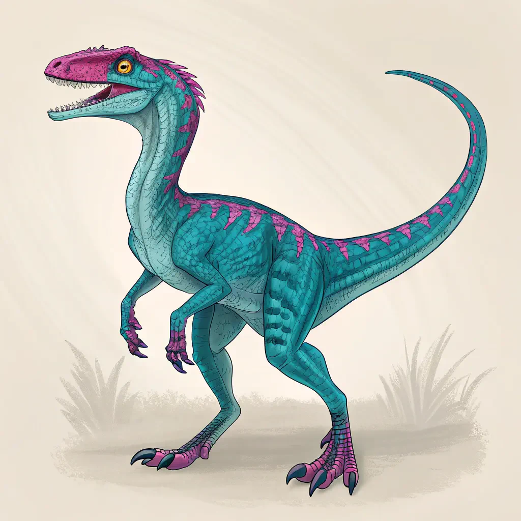 Vibrant teal-and-magenta velociraptor illustration used as a forum avatar/pfp, standing on two legs with a curious, alert expression.