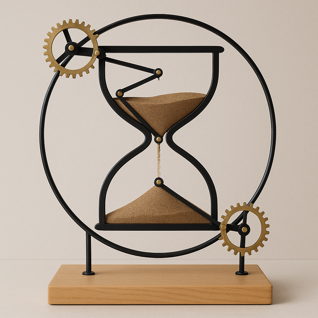 Forum avatar/pfp: stylized hourglass with black metal frame, flowing sand and brass gears inside a circular stand on a wooden base.