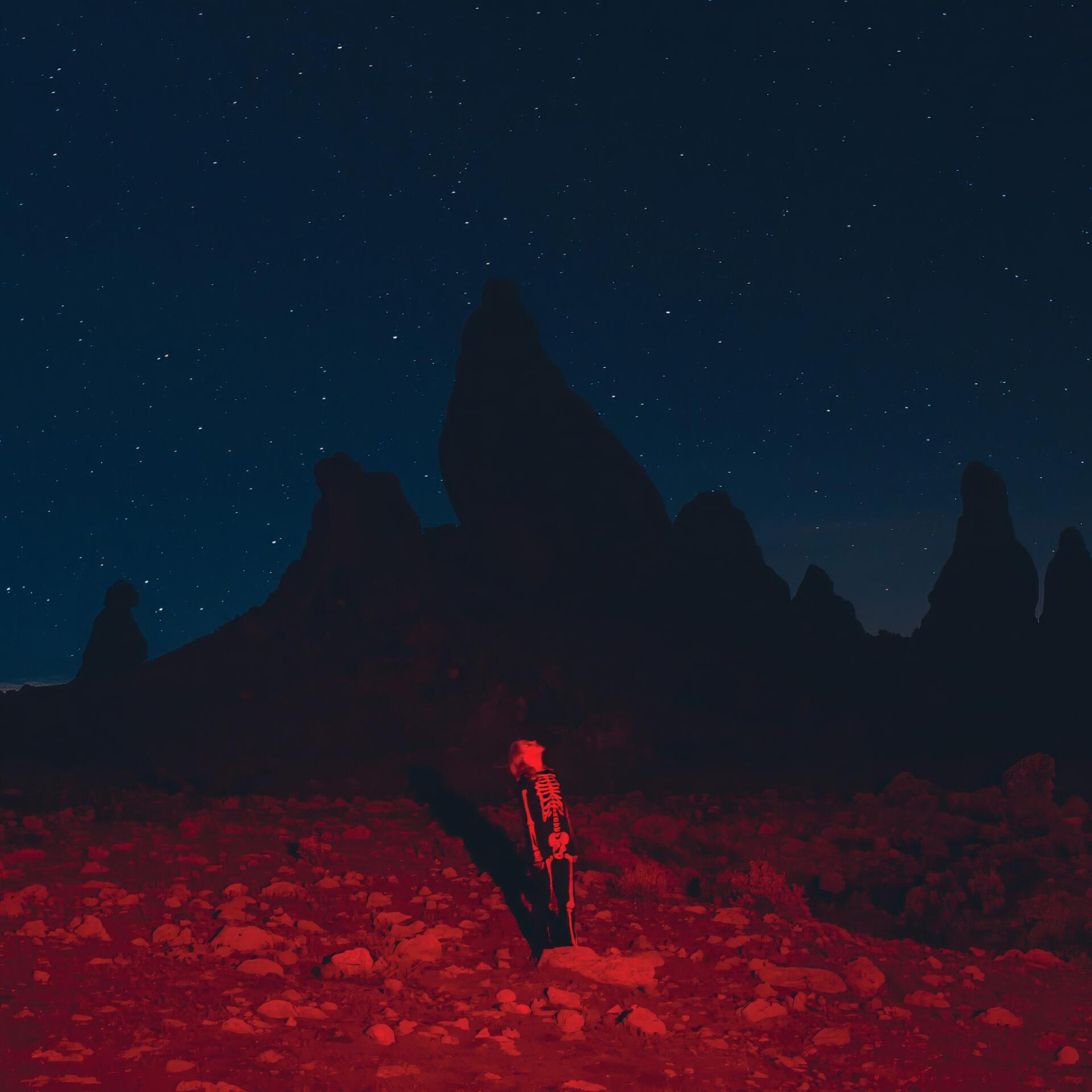 Album-cover style forum avatar: a lone figure bathed in red light stands on rocky desert with jagged silhouetted peaks beneath a deep blue, star-filled sky.