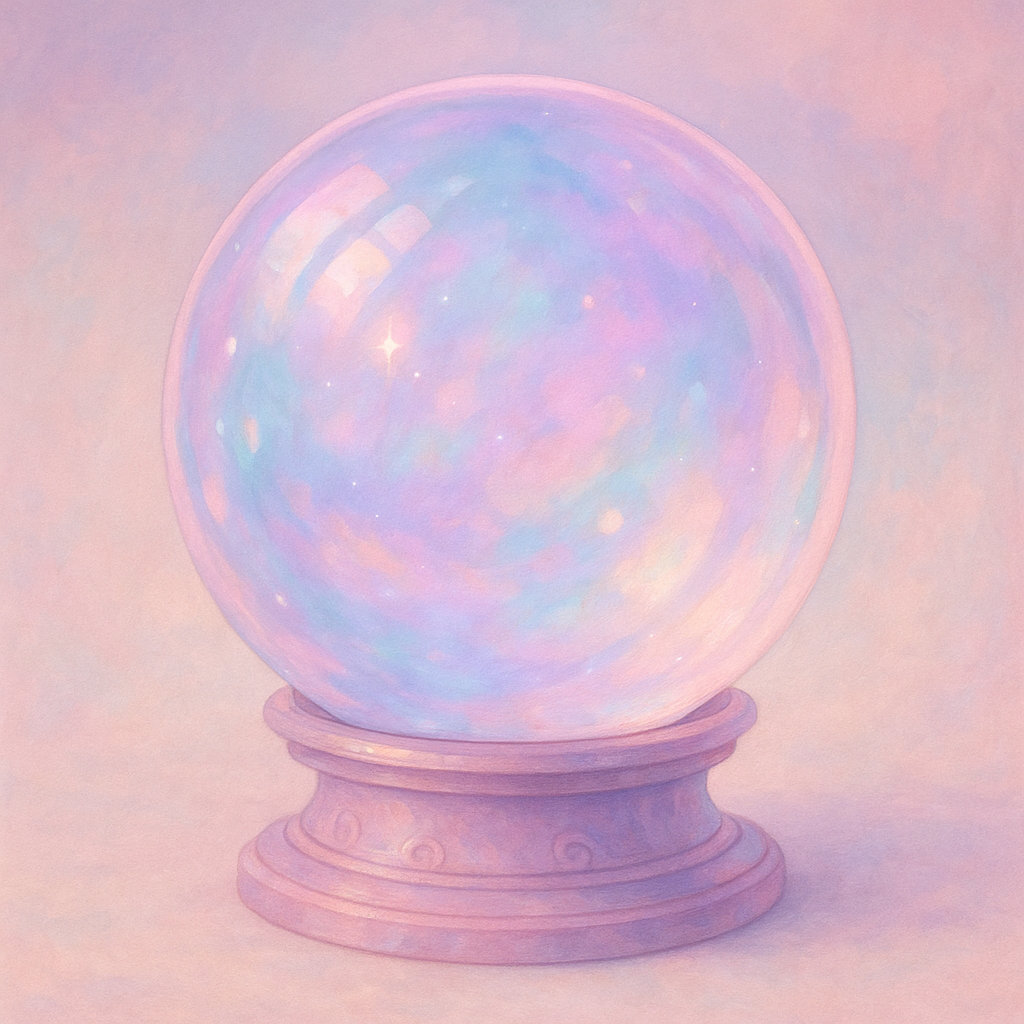 Pastel crystal ball with an iridescent, cloudy interior on a pink pedestal — stylized forum avatar/pfp.