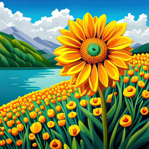 Stylized sunflower forum avatar — large golden sunflower over a field of yellow blooms by a turquoise lake and distant mountains beneath a bright blue sky.