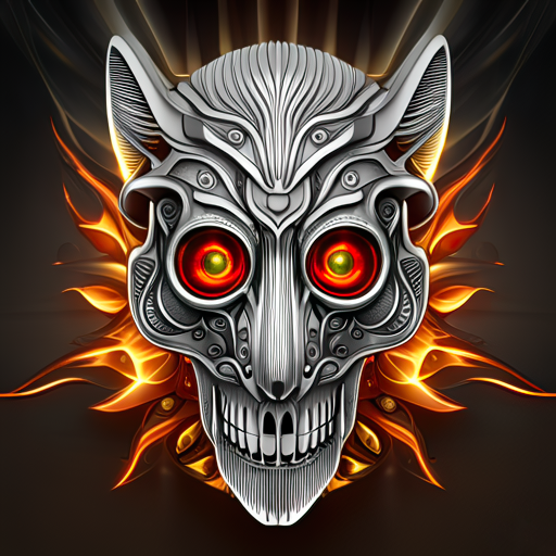 Forum avatar: metallic skull mask with glowing red eyes, demonic features and fiery orange flames radiating behind it.