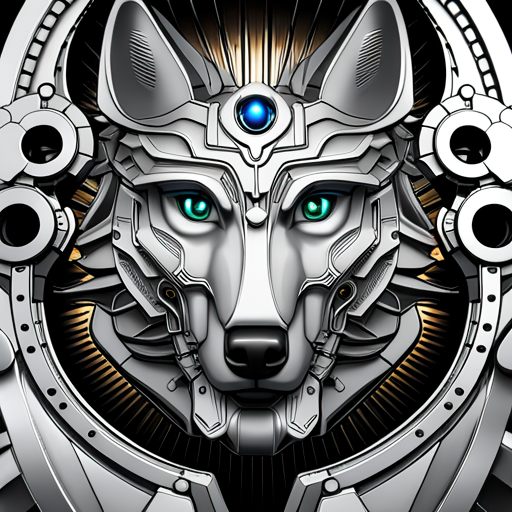 Silver mechanical wolf mask (animal) with glowing blue eyes and layered plating, set inside a circular emblem as a forum avatar/pfp.
