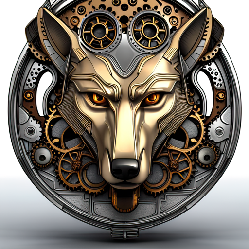 Forum avatar: steampunk wolf mask — metallic wolf face with glowing amber eyes set amid intricate gears and cogs in a circular mechanical frame.