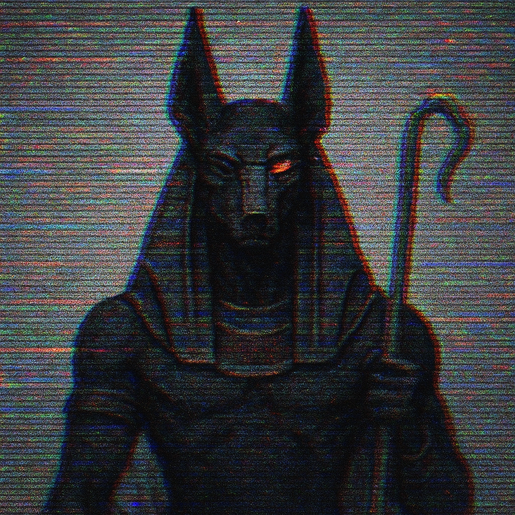 Glitchy pixel-art Anubis avatar: jackal-headed deity with a glowing red eye and staff, rendered with scanline distortion as a forum profile picture.