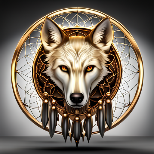 Wolf mask with amber eyes centered in a gold dreamcatcher frame, decorated with beads and black feathers — forum avatar/pfp.