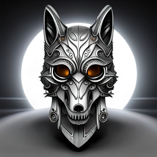 Intricate metallic wolf mask with glowing orange eyes and mechanical details, framed by a luminous circle — stylized animal forum avatar/pfp.