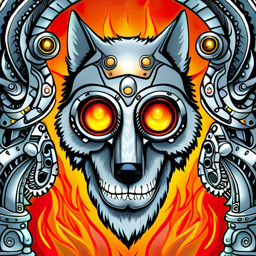 Forum avatar/pfp: a masked wolf (animal) with glowing orange eyes and grinning teeth, set against flames and ornate mechanical framing.