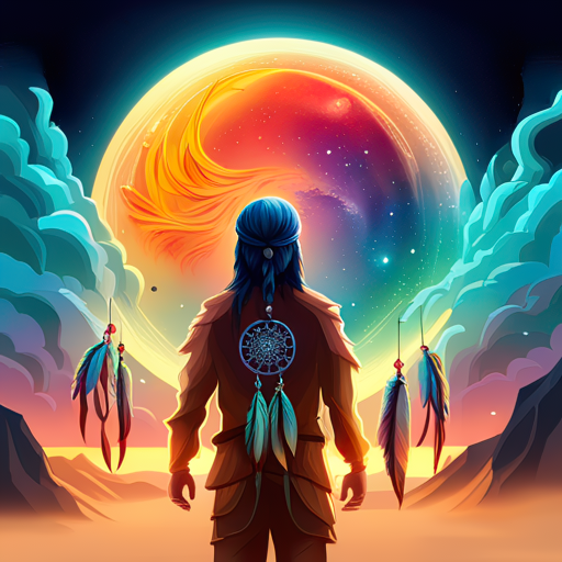 Forum avatar/pfp: silhouetted figure with braided hair and dreamcatcher, flanked by hanging feathers, standing beneath a large luminous, multicolored moon and swirling clouds.