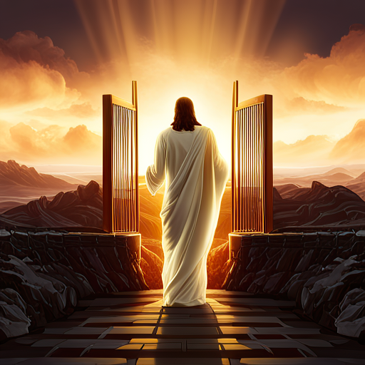 Religious forum avatar: robed figure seen from behind standing before open golden gates, radiant light and mountainous horizon — profile photo.