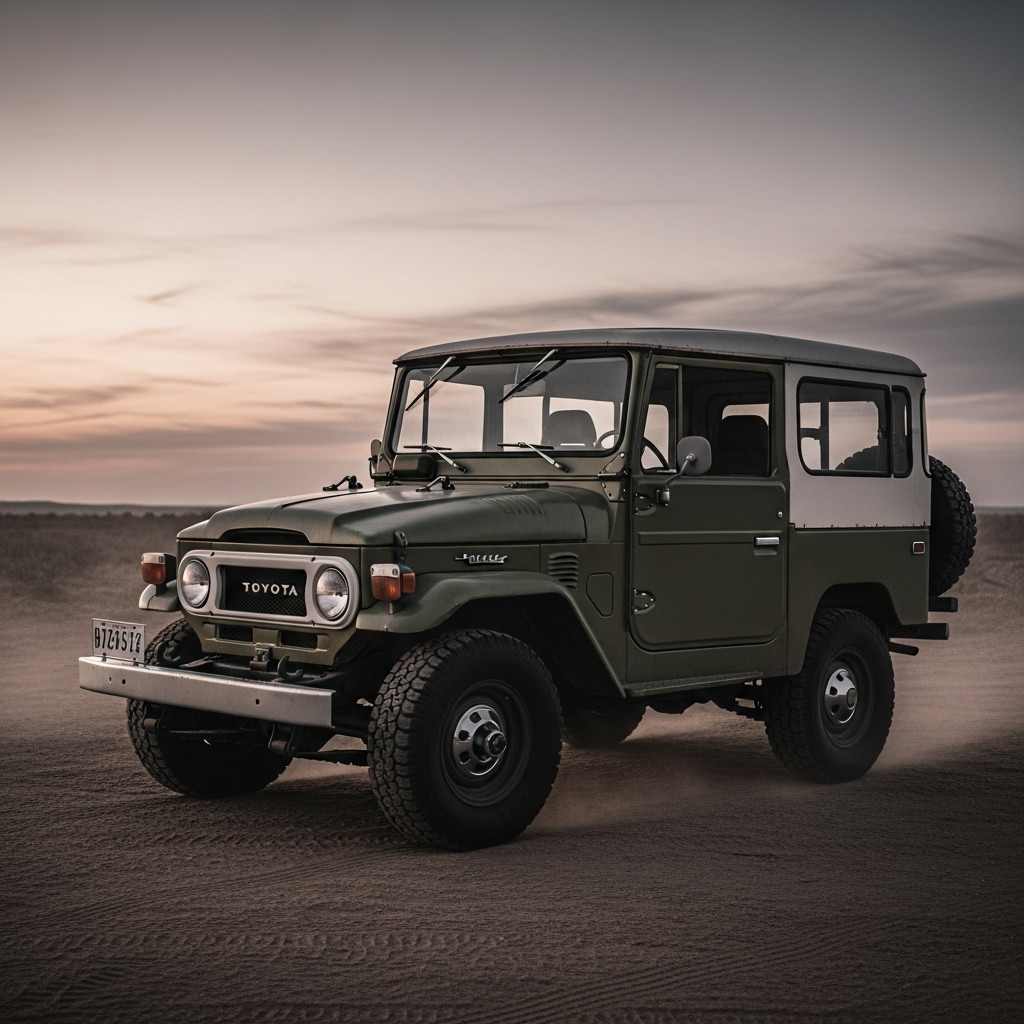 Forum avatar: vintage olive-green Toyota Land Cruiser FJ40 on a sandy beach at sunset, rugged profile with spare tire.